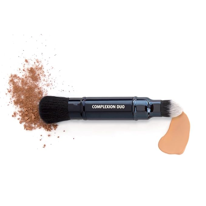 Lune+Aster Complexion Duo Brush | Retractable Makeup Brush With Two Ends For Application Of Cream, Liquid And Powder. Made with Alumium Handle, Vegan Bristles.