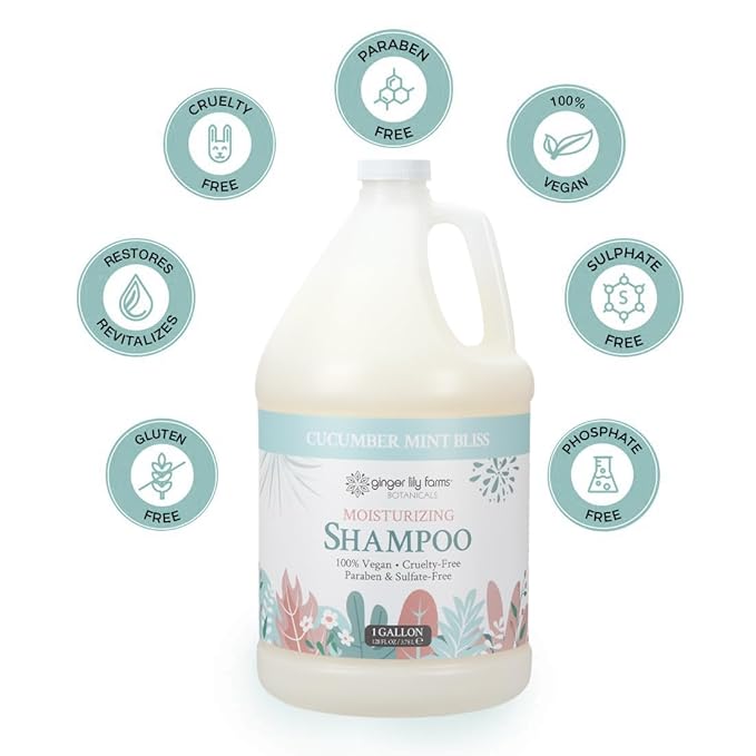 Ginger Lily Farms Botanicals Moisturizing Shampoo for All Hair Types, 100% Vegan & Cruelty-Free, Cucumber Mint Bliss Scent, 1 Gallon (Pack of 4)