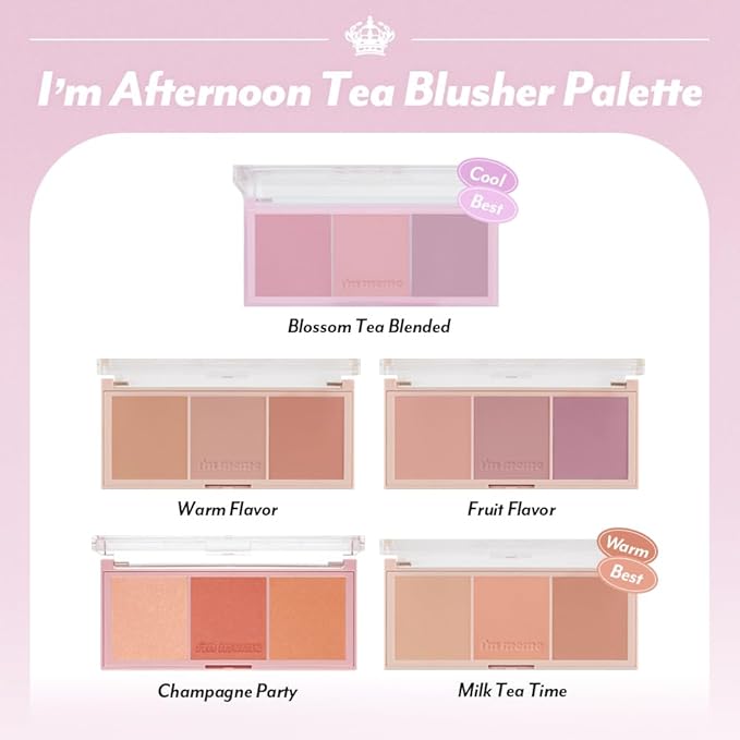 I'M MEME Blusher Palette - Afternoon Tea_Milk Tea Time | Soft Pink, Peach, Lavender, 3 Shades Palette, Matte Powder, Face & Cheeks, For All Skin Tones, Powdery Finish, Lightweight Formula, 0.4 Oz