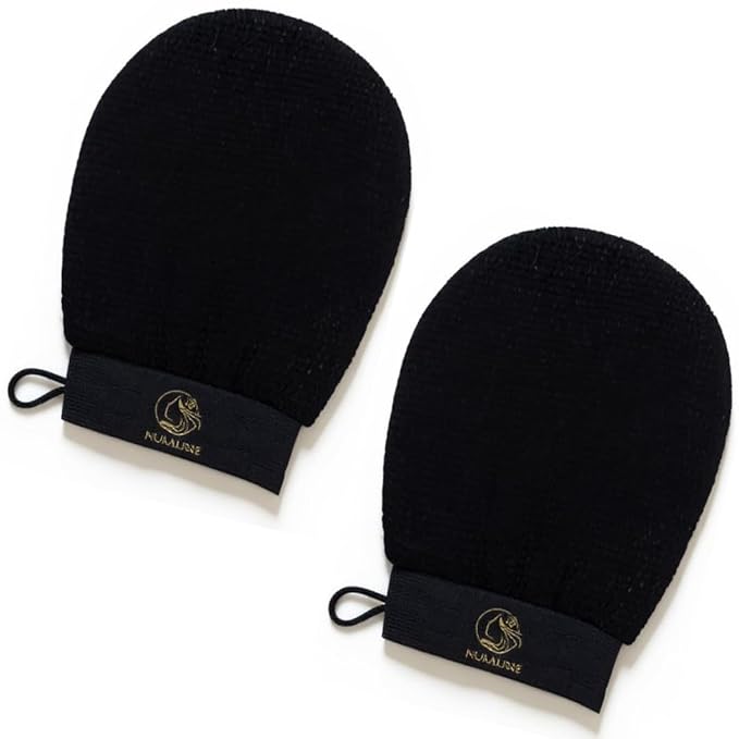 Skincare Premium Exfoliating Mitt – Vegan Viscose exfoliating Kessa Glove for Self-Tan Removal, Keratosis Pilaris & Smooth, Radiant Skin (Black, 2 Mitts)