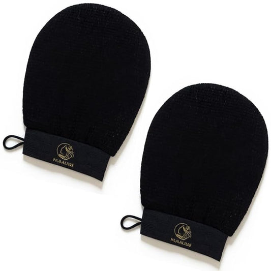 Skincare Premium Exfoliating Mitt – Vegan Viscose exfoliating Kessa Glove for Self-Tan Removal, Keratosis Pilaris & Smooth, Radiant Skin (Black, 2 Mitts)