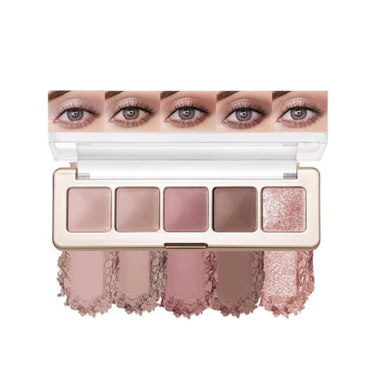 5 Colors Neutral Nude Matte & Shimmer Eyeshadow Palette,Rose Cocoa Brown Pink Neutral-Cool Mattes Glitter Eye shadow Contour Makeup Palette for Mature Women, Blue Green Eyes, Daily Natural Makeup.