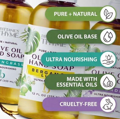 Brittanie’s Pure Castile Liquid Hand Soap Refill, Bergamot | Lavender | Lemongrass, 12 Ounce Pack of 3 | Dish Soap, Hair & Body, Home, Gentle & Pure, Natural Luxurious Oils, Vegan & Gluten Free
