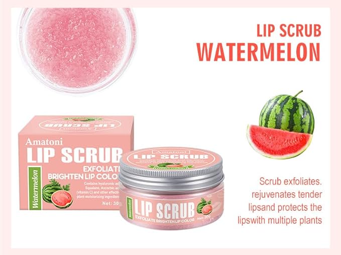 4-Color Fruit-Flavored Lip Scrub for Dry, Cracked & Dark Lips – Exfoliating & Moisturizing Lip Care with Organic Ingredients, Lip Brush – Vegan, Cruelty-Free (20g) (Watermelon flavor, 1PC)