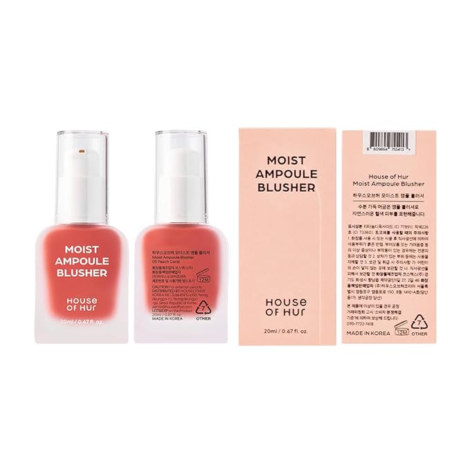 House of Hur Moist Ampoule Blusher with 50% Moisture Essence | Hydrating & Long-Lasting Blush | 0.67 fl.oz (9 Shades) (Peach Coral)