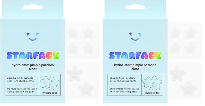 Starface Hydro-Star Clear Big Pack, Invisible Hydrocolloid Pimple Patches, Two Sizes and Star Shape, Absorb Fluid and Reduce Redness (96 Count) (Pack of 2)