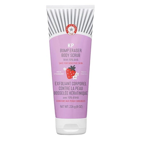 First Aid Beauty - KP Bump Eraser Body Scrub with 10% AHA, Keratosis Pilaris Exfoliator with Glycolic and Lactic acids, Helps Reduce Chicken Skin Bumps, Safe for Sensitive Skin, Strawberry Scent, 2 oz
