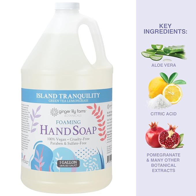 Ginger Lily Farms Botanicals All-Purpose Foaming Hand Soap Refill, Island Tranquility, 100% Vegan & Cruelty-Free, Green Tea Lemongrass Scent, 1 Gallon (Pack of 4)