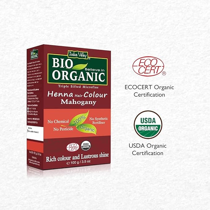Indus Valley Bio Organic Natural Henna Hair Color Mahogany 100gm| 100% Gray Hair Coverage And Long Lasting Hair Dye | Vegan and Cruelty-Free | Plant Based Ingradients Hair Color