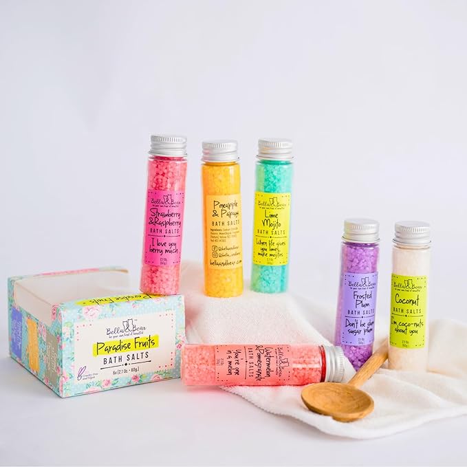 Bath Salts for Women – Relaxing Spa & Foot Soak – Bella & Bear Paradise Fruits – Fruity Scented Bath Soak Gift Set (6 Pack, 2oz) – Vegan & Cruelty-Free