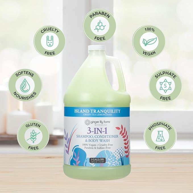 Ginger Lily Farms Botanicals 3-in-1 Shampoo, Conditioner & Body Wash, Island Tranquility, 100% Vegan & Cruelty-Free, Green Tea Lemongrass Scent, 1 Gallon (Pack of 4)