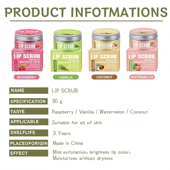 4-Color Fruit-Flavored Lip Scrub for Dry, Cracked & Dark Lips – Exfoliating & Moisturizing Lip Care with Organic Ingredients, Lip Brush – Vegan, Cruelty-Free (20g) (Coconut flavor, 1PC)