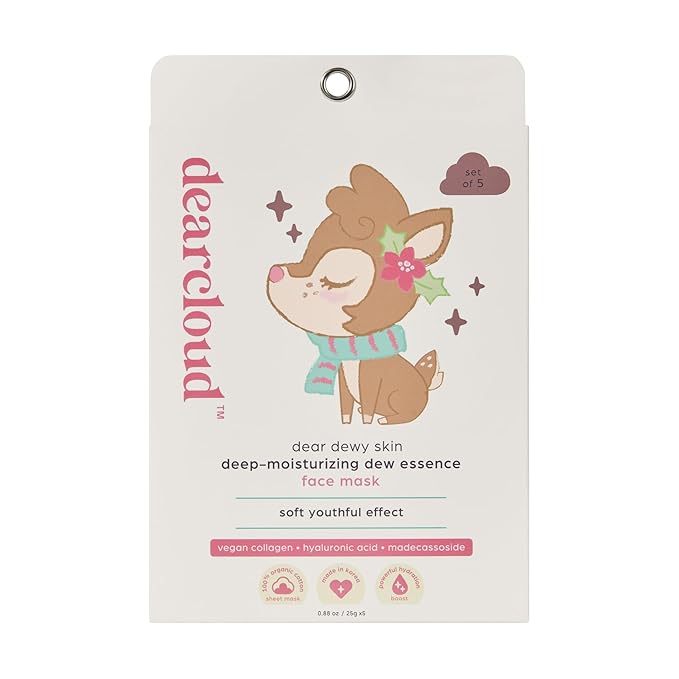 dearcloud Dear Dewy Skin Deep Moisturizing Dew Essence Face Mask, Korean Sheet Mask - Vegan Collagen, Hyaluronic Acid & Madecassoside (3 Count)