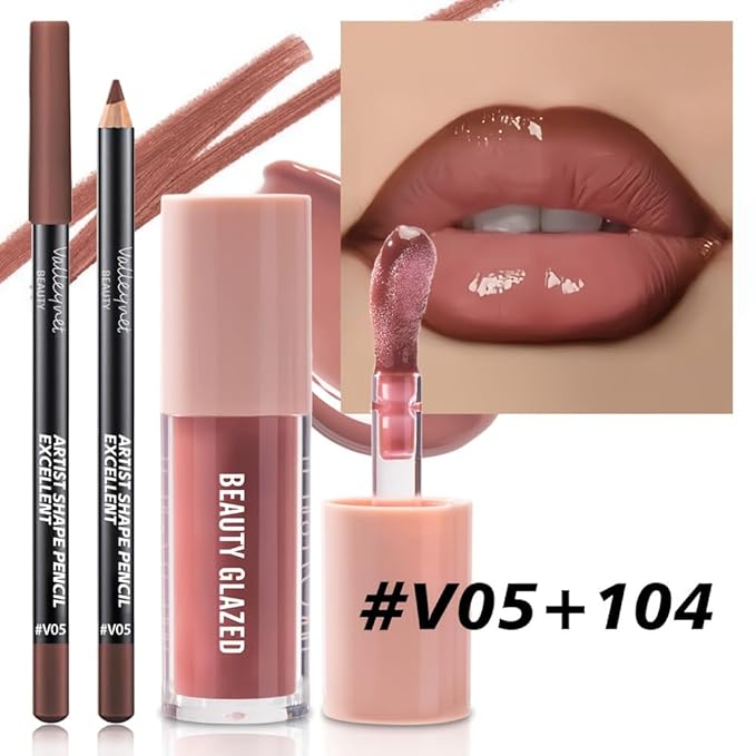 2Pcs/Set Lip Gloss & Lip Liner Set Mocha Brown – Lip Plumping Effect Lip Combo Set for Volume Lips, Fuller Looking Lips, High Shine Glass Lips Look, Gradient Lips & Over Lip Makeup Viral Lip Combo