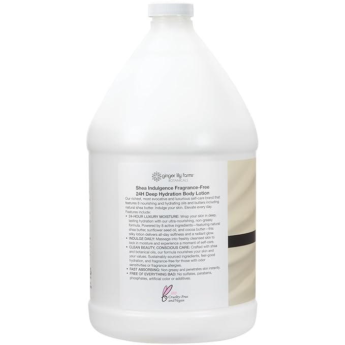 Ginger Lily Farms Botanicals Shea Indulgence 24H Deep Hydration Body Lotion, 100% Vegan & Cruelty-Free, Fragrance-Free, 1 Gallon (128 fl oz) Refill
