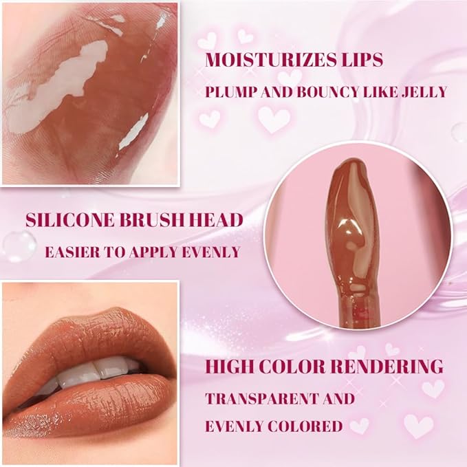 Jelly Lip Gloss, Soft Lip Tint, Instantly creates a Sheer Glass-like Shine, Cool Blue Red Rose Mocha Bean Chocolate Brown Colors, Smoothing, Moisturizing, Plump and Hydrated (B03)
