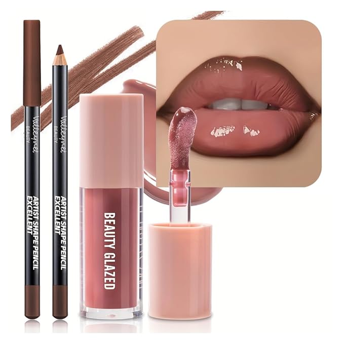 2Pcs/Set Lip Gloss & Lip Liner Set Mocha Brown – Lip Plumping Effect Lip Combo Set for Volume Lips, Fuller Looking Lips, High Shine Glass Lips Look, Gradient Lips & Over Lip Makeup Viral Lip Combo