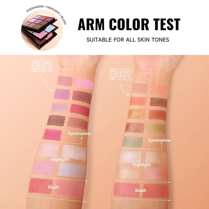 All-in-One Makeup Palette – 9 Color Matte & Pearlescent Eyeshadow, 4 Color Shimmer Highlighter, 2 Color Buildable Blush – Long Lasting, Blendable Face & Eye Makeup Kit (01#, 1 Count (Pack of 1))