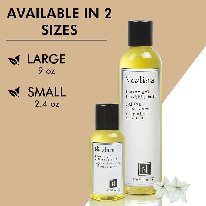 Nabila K Nicotiana Shower Gel & Bubble Bath, 9 oz – Non-Drying Body Wash with Jojoba, Aloe Vera & Vitamins – Naturally-Derived, Sulfate-Free – Made in USA – For Men & Women