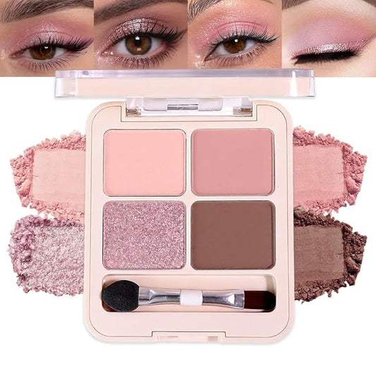 Pink Purple Brown 4Colors Eyeshadow Makeup Palette with Brush Mirror,Natural Neutral Powde Eye Shadow Palettes for Older Women,Long Lasting Naturing-Looking,Lightweight Eye Makeup Kit Travel Size