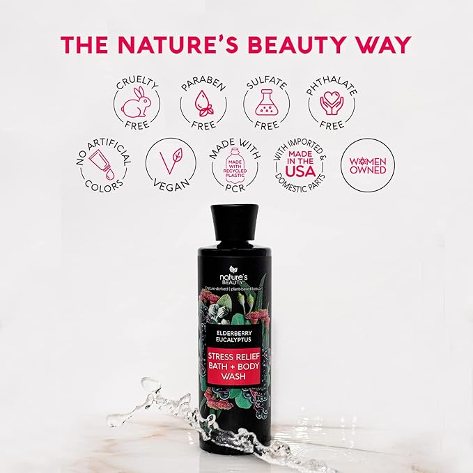 Nature's Beauty Elderberry Eucalyptus Stress Relief Body Wash Multi-Pack - Gentle Bath + Body Cleanser, Restore Skin Made w/Shea Butter, Avocado Oil, and Sweet Almond Oil, 12 fl oz (2 Pack)