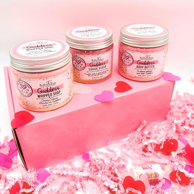 Bella & Bear Goddess Valentines Love Yourself Ritual – Whipped Soap, Body Scrub & Body Butter Set, Tropical Scent, Vegan & Cruelty-Free Self Care Gift for Women