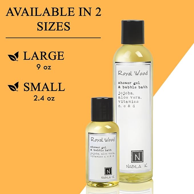 Nabila K Royal Wood Shower Gel & Bubble Bath, 2.4 oz – Non-Drying Body Wash with Jojoba, Aloe Vera & Vitamins – Naturally-Derived, Sulfate-Free – Made in USA – For Men & Women