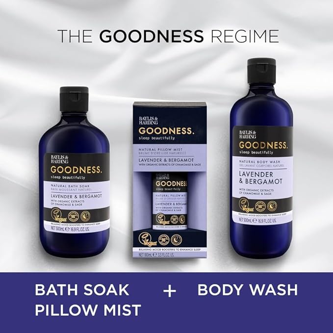 Baylis & Harding Goodness Bath Soak | Lavender & Bergamot | Luxury Bath Soak with Relaxing Mood Boosters to Enhance Sleep | Natural Essential Oils, Dermatologist Approved, Vegan | 3 Pack