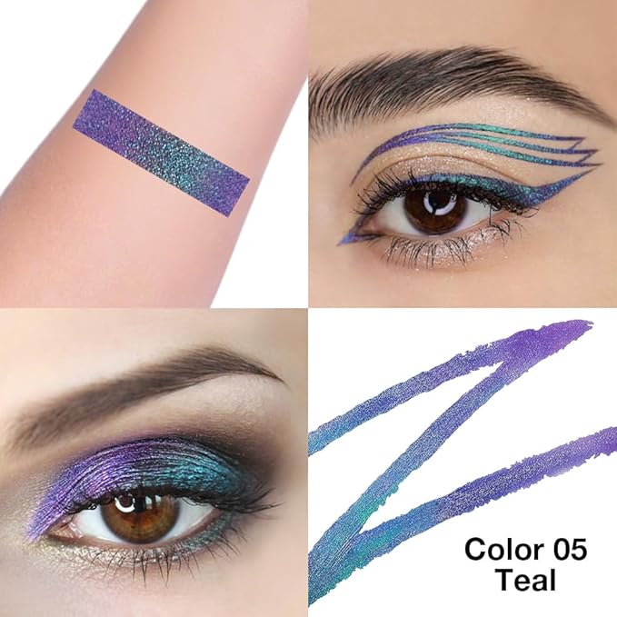 Kaely Chameleon Liquid Eyeliner, Glitter Metallic Chrome Eyeliner Liquid, Multichrome Eye Liner Waterproof Smudge Proof, High-Pigmented Makeup Looks, Quick-Drying, Cruelty-free, 05 Teal