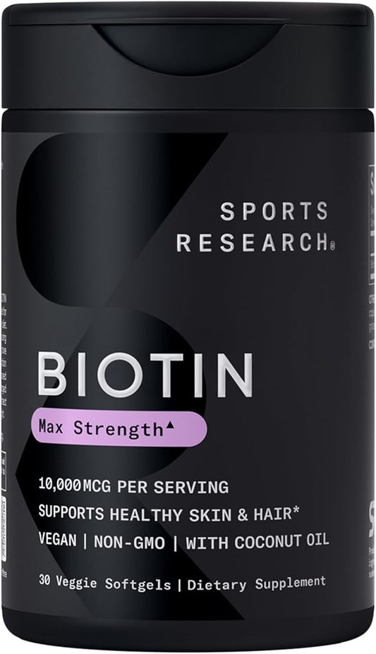 Sports Research® Biotin 10,000mcg with Organic Coconut Oil - Biotin (Vitamin B7) for Healthy Skin and Hair Support* - for Women and Men - Vegan, Non-GMO, Gluten & Soy-Free - 30 Veggie Softgels