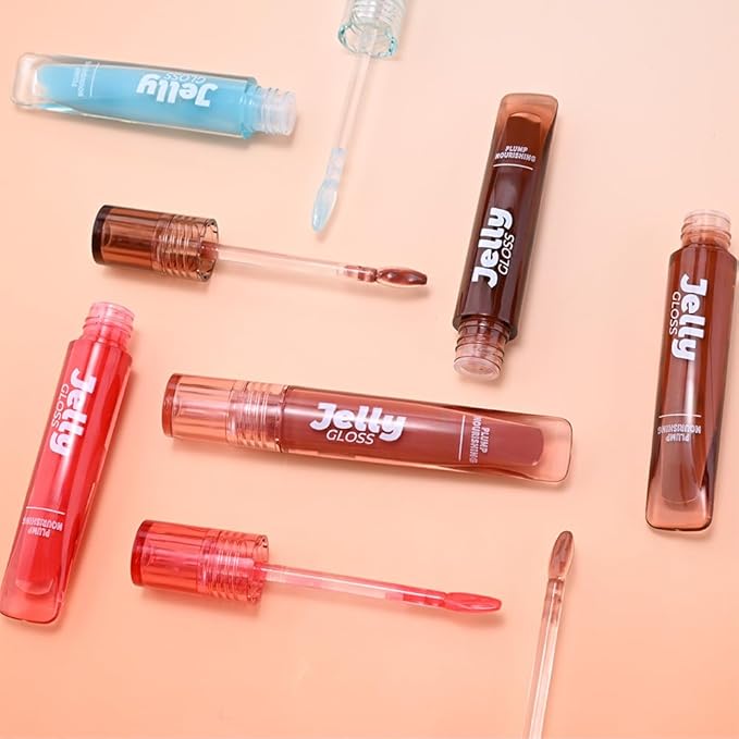 Jelly Lip Gloss, Soft Lip Tint, Instantly creates a Sheer Glass-like Shine, Cool Blue Red Rose Mocha Bean Chocolate Brown Colors, Smoothing, Moisturizing, Plump and Hydrated (B04)