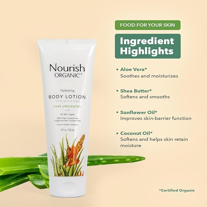 Nourish Organic Body Lotion, Unscented – Hydrating Body Lotion for Dry Skin with Certified Organic Aloe Vera, Shea Butter, Coconut Oil & Cocoa Butter + Washable Cotton Round (2 Piece Set)