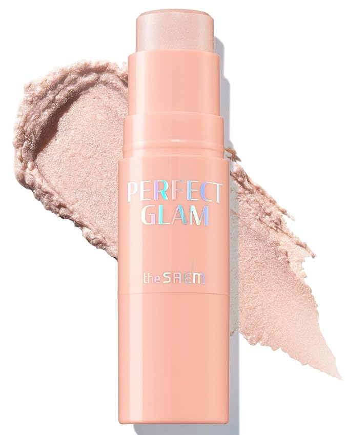 THESAEM Perfect Glam Stick Highlighter WH01 Aurora Wave - Creamy Face Glow Pearl Luminous - Ceramide, Shea Butter - Melting Cream Texture Dewy Finish Korean Makeup with Blending Puff, 0.2oz