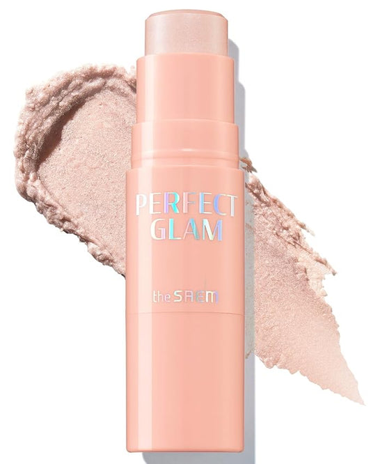 THESAEM Perfect Glam Stick Highlighter WH01 Aurora Wave - Creamy Face Glow Pearl Luminous - Ceramide, Shea Butter - Melting Cream Texture Dewy Finish Korean Makeup with Blending Puff, 0.2oz
