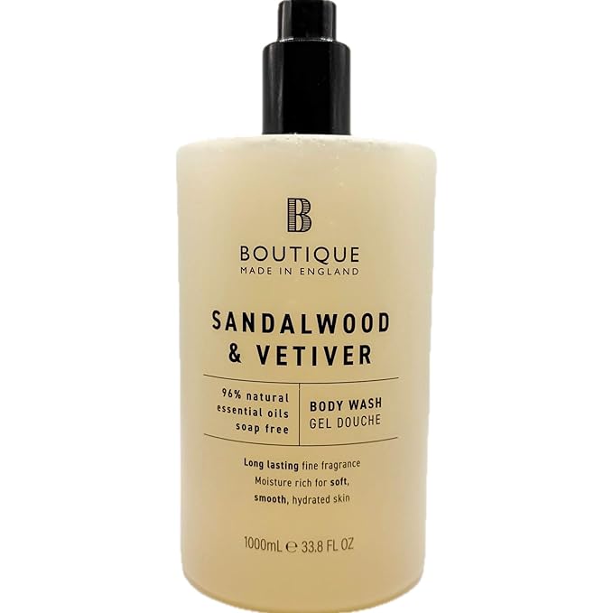 Boutique Sandalwood & Vetiver Body Wash, 33.8 fl oz, 96% Natural Essential Oils, Vegan, Soap Free