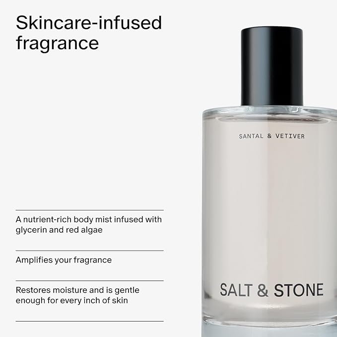 Salt & Stone Body Mist | Santal & Vetiver | Skincare Infused Hair & Body Spray for Women and Men | Hydrating Fragrance with Glycerin and Red Algae | Vegan, Cruelty Free, 3.4 fl oz