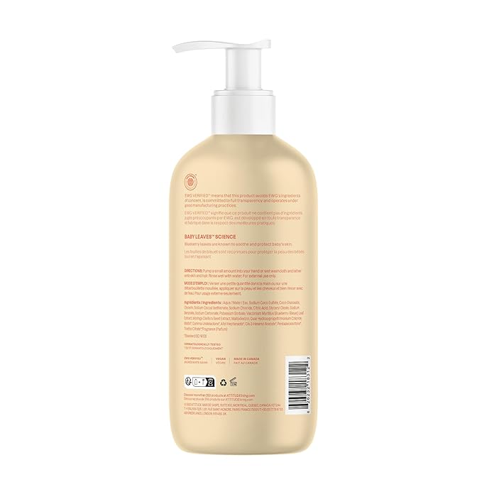 ATTITUDE Baby 2-in-1 Shampoo & Body Wash, EWG Verified, Dermatologically Tested, Vegan, Pear Nectar Scent, 16 Fl Oz