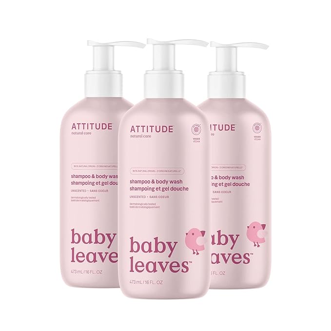 ATTITUDE Baby 2-in-1 Shampoo and Body Wash, EWG Verified, Dermatologically Tested, Vegan, Unscented, 16 Fl Oz (Pack of 3)