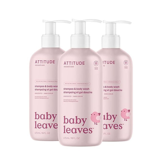 ATTITUDE Baby 2-in-1 Shampoo and Body Wash, EWG Verified, Dermatologically Tested, Vegan, Unscented, 16 Fl Oz (Pack of 3)