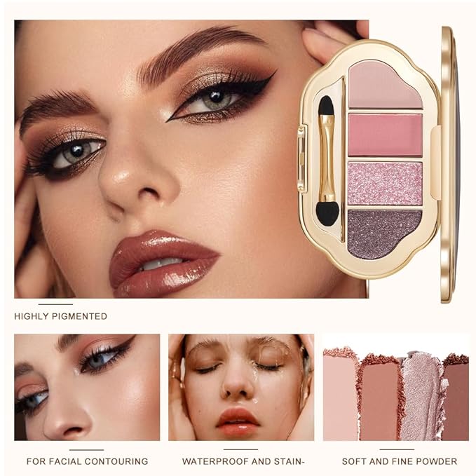 Eyeshadow Palette 4 Colors, Rose Nude Pink Brown Matte & Shimmer Shades, Highly Pigmented Blendable Long-Lasting Eye Shadow, Soft Silky No Fallout Daily Natural Glam Makeup, Makeup Gift for Women-B04