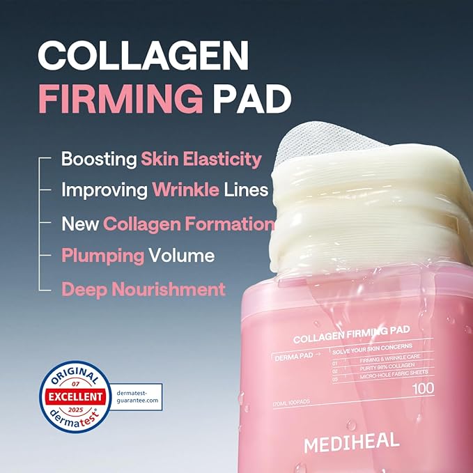 MEDIHEAL Toner Pads [Collagen] Skin Firming- Contains 98% Low-Molecular Collagen with Retinol & Peptides for Firming Care - Helps Restore Skin Elasticity - Vegan Moisturizing Fabric (100 Count)