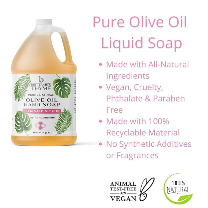 Brittanie's Pure Organic Castile Liquid Olive Oil Soap Refill, Unscented, 1 Gallon | Face, Body Wash, Dishes, Pets & Laundry | Vegan & Gluten Free Non-GMO