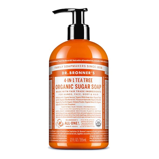 Dr. Bronner's - Organic Sugar Soap (Tea Tree, 12 Ounce) - Made with Organic Oils, Sugar and Shikakai Powder, 4-in-1 Uses: Hands, Body, Face and Hair, Cleanses, Moisturizes and Nourishes, Vegan
