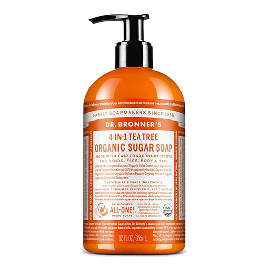 Dr. Bronner's - Organic Sugar Soap (Tea Tree, 12 Ounce) - Made with Organic Oils, Sugar and Shikakai Powder, 4-in-1 Uses: Hands, Body, Face and Hair, Cleanses, Moisturizes and Nourishes, Vegan