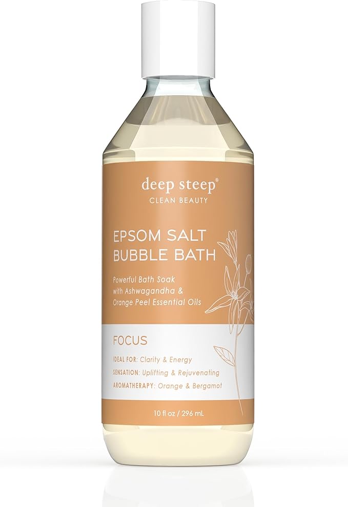 Deep Steep Epsom Salt Bubble Bath, Focus, 10 oz – Spa Soak with Epsom Salt, Ashwagandha, Orange Peel & Essential Oils – Vegan, Clean Beauty, Muscle Relief & Mental Clarity
