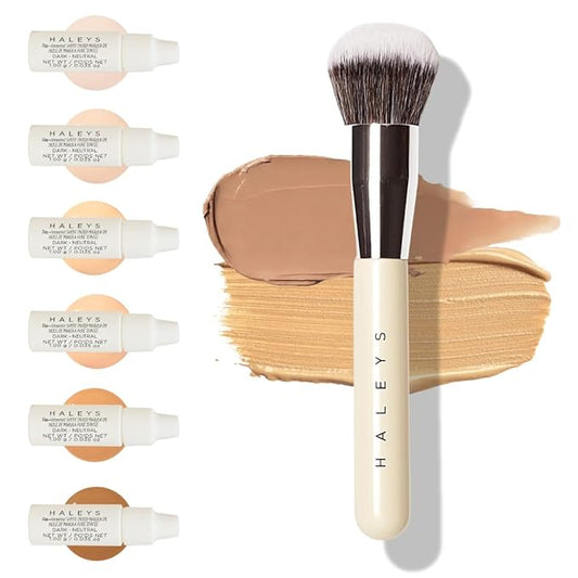 HALEYS Beauty Kabuki Makeup Brush + 6 Mini Skin Tint Foundation Set, Blending Brush for Powder, Foundation, Bronzer, Blush & Mineral Make up, Streak-Free Airbrushed Base Travel Kit & Gifts for Women