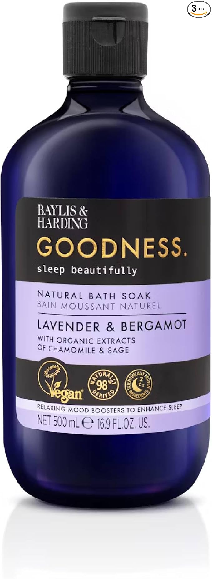 Baylis & Harding Goodness Bath Soak | Lavender & Bergamot | Luxury Bath Soak with Relaxing Mood Boosters to Enhance Sleep | Natural Essential Oils, Dermatologist Approved, Vegan | 3 Pack