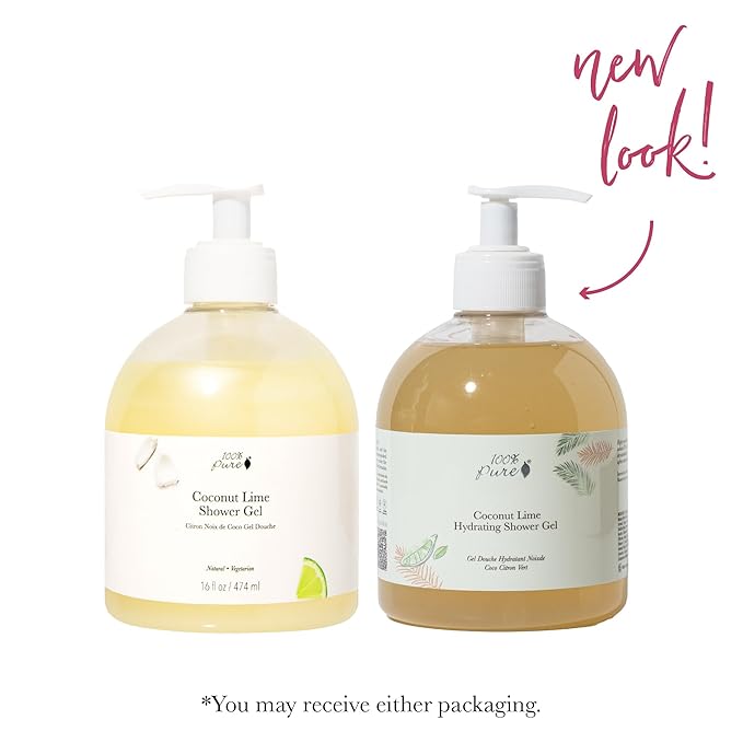 100% PURE Coconut Lime Shower Gel Natural Foaming & Hydrating Body Wash - Deeply Moisturizing Gentle Soap Cleanser for All Skin Types, Even Sensitive - Gluten-Free - 16 Fl Oz