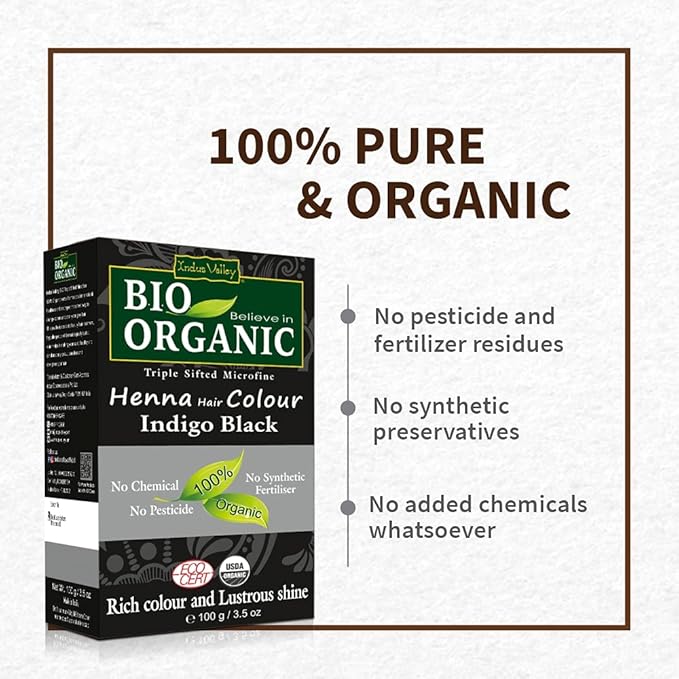 Indus Valley Bio Organic Natural Henna Hair Color Indigo Black 100gm| Organic Hair Colour, 100% Gray Hair Coverage And Long Lasting Hair Dye | Vegan and Cruelty-Free