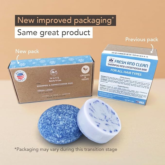 Wave Fresh Linen Shampoo & Conditioner Bar Set - Natural & Organic Moisturizing Vegan Shampoo and Conditioner Bars for Women & Men - Long-Lasting (80-120 Uses)